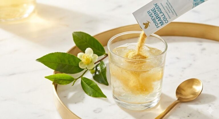 forever marine collagen sachet in einem edlen spa setting