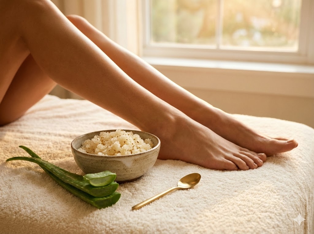 Well-groomed legs and spa accessories in an elegant atmosphere