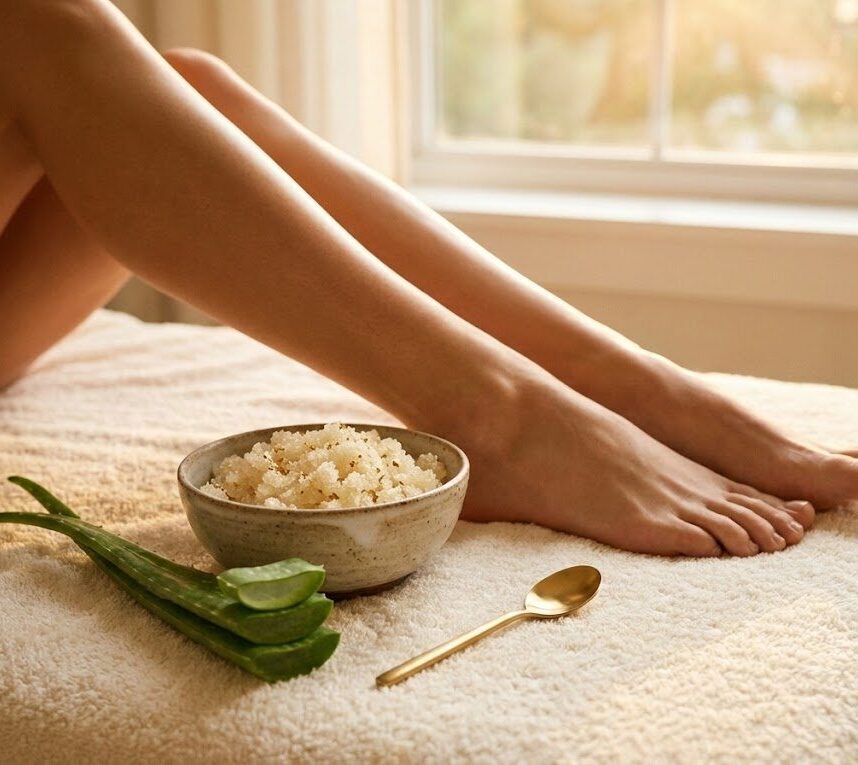 well-groomed legs and spa accessories in an elegant atmosphere