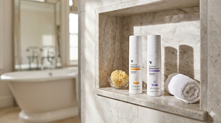 luxuriöses serum duo vitamin c und bakuchiol in einem spa ambiente