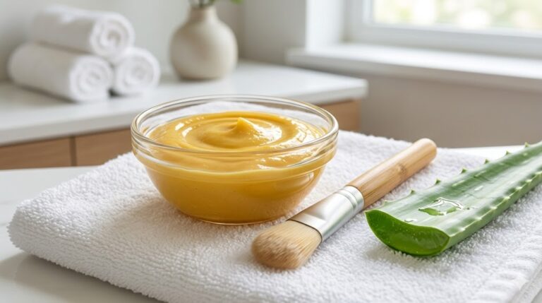 texture of the Forever Vitamin C facial milk next to an aloe vera plant